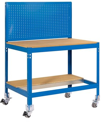 Simon Rack Banco de Trabajo Taller, Capacidad Carga 120 kg, 1520x910x610 mm, Mesa de Trabajo, Incluye Ruedas, Azul/Madera - BT2
