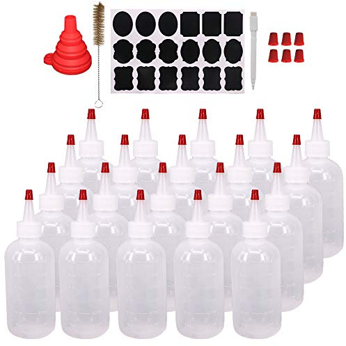 Belinlen 20 Pack 6-Ounce Plastic Squeeze Bottles with 20pcs Red Tip Caps and Measurement - Good for Crafts, Art, Glue, Multi Purpose Set of 20 with extra 6 Red Cap 36 Chalk Labels and 1 Pen