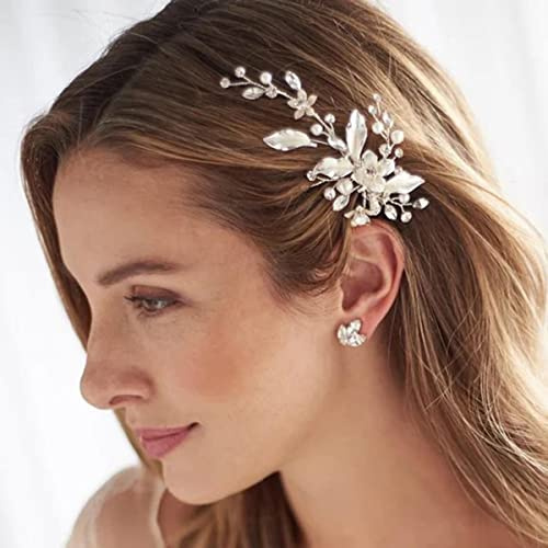 Bufenia Blume Braut Haarspangen Perlen Haarspangen Strass Kopfstück Blätter Braut Haarschmuck für Frauen und Mädchen (Silber)