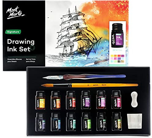 Mont Marte Kalligraphie Set 16-teilig – Federhalter mit Feder und Tusche – Enthält 12 x 7ml Tuschefarben, Glasfeder, Pinsel, Federauflage, Behälter