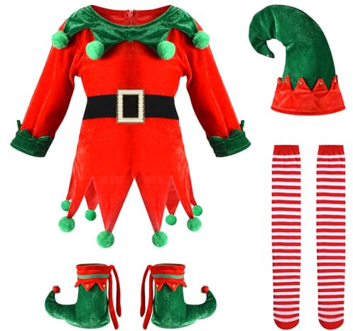 Proumhang Pack de 5 Disfraces de Elfo de Navidad para Niñas,Disfraz de Elfo de Navidad para Niños,Disfraz de ayudante de Papá Noel de terciopelo,Disfraz de Navidad 100