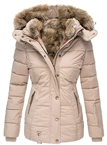 Manteaux d'hiver Militaires à Capuche pour Femmes Parkas Anoraks en Polaire à Manches Longues Et à Coupe Fine Veste en Coton éPais Et Chaud (Abricot,S)