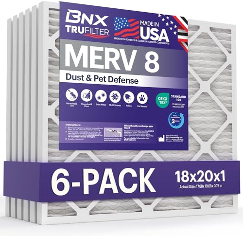 BNX TruFilter 18 x 20 x 1 luftfilter MERV 8 (6-pack) - TILLVERKAD I USA – damm- och husdjursförsvar, elektrostatisk veckad luftkonditionering, HVAC ugnsfilter för damm, husdjur, form, Pollen, MPR 600