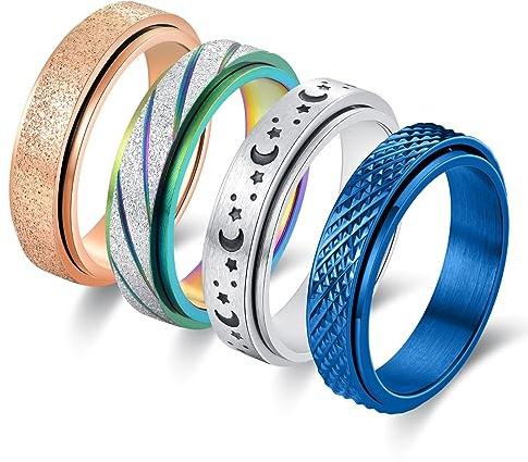 Feasnow Anti Anxiety Fidget Rings for Women Stress Relief Spinner Rings Moon Star Titanium Steel Rings 6mm Set 4Pcs Size 5-11 (5, 6mm 4 Style and 4 Colors)
