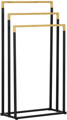 kleankin Portasciugamani a 3 Sbarre in Bambù e Acciaio con Design Autoportante, 45x22.5x86 cm, Nero e Color Legno