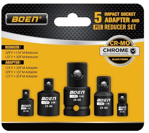 BOEN 5 Piece Impact Socket Adapter Set and Reducer Set, Standard SAE, 1/4, 3/8, 1/2 Impact Driver Conversions, CR-MO Steel Impact Driver & Wrench Conversion Kit