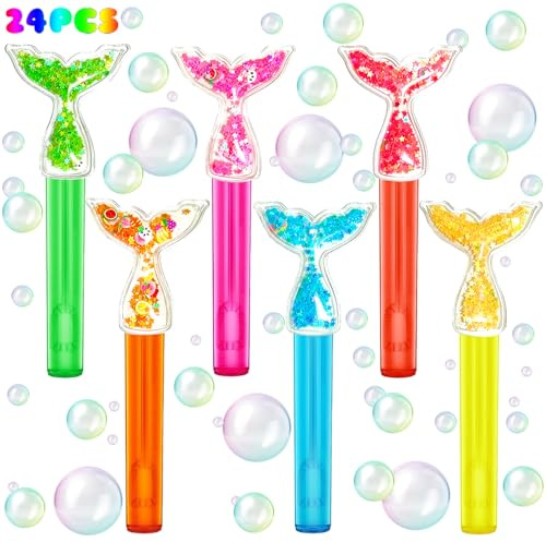 uoyoi Mermaid Party Favors,24Pcs Glitter Mermaid Tail Bubble Wands for Kids Birthday Party Supplies,Classroom Prizes Pinata Goodie Bag Stuffers Gift