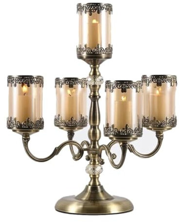 Kandelaber, dekorative Kerzenhalter, 5-Armiger Kandelaber, Metall-Kerzenständer mit Kerzenbecher aus Glas, Vintage-Kerzenhalter(Antique Bronze)