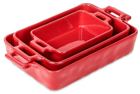 VICRAYS Ceramic Bakeware Set, Porcelain Rectangular Baking Dish, Baking Pan Lasagna Pans Casserole Dish Set for Cooking, Kitchen, Cake Dinner, Banquet and Daily Use, 3 PCS, 15 x 8.5 Inches (Red)