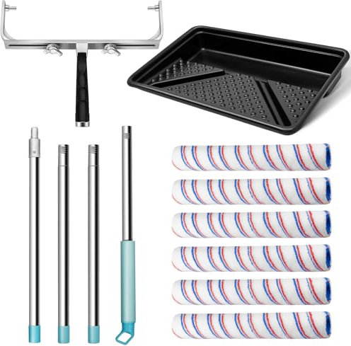 Zhanmai 12-teiliges großes Farbroller-Set, 30,5–45,7 cm, verstellbarer Rollenrahmen, 0,3–1,5 m, Stahl-Verlängerungsstange, 6 Stück 45,7 cm Mikrofaser-Farbrollerhülsen, 59,9 cm Farbrollerablage für