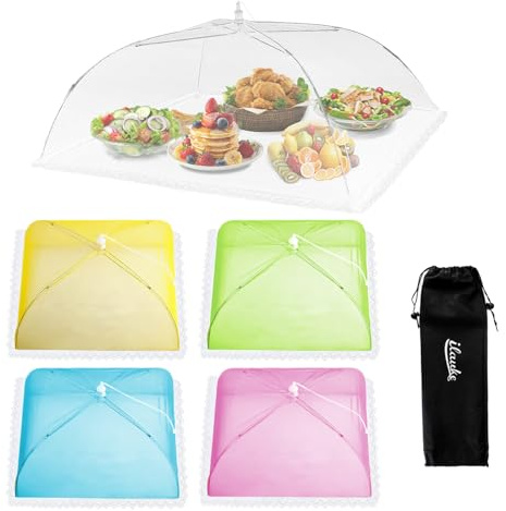 ilauke 5-pack matskydd nät pop up, matnät överdrag (1 extra stort 61 cm x 192 cm & 40 × 17 tum), vit och färgad mat flugnät skydd för utomhusbruk, grill, picknick, trädgårdsfest, tårta, frukt