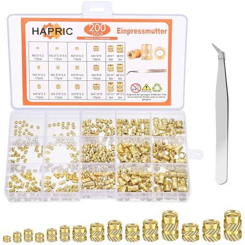 200 Stück Gewindeeinsatz, M2/M2,5/M3/M4/M5/M6 Einschmelzgewinde mit Pinzette Plastikbox Einpressmuttern Threaded Inserts für 3D Druckteile Laptop Kunststoffteile