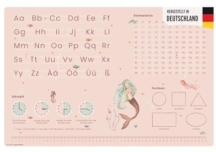 Pädagogische Schreibtischunterlage – Meerjungfrau Nixe – ABC & 1x1 – 60x40 cm – abwischbares Premium-Vinyl – Lernunterlage von Lehrern zur Einschulung empfohlen – Made in Germany