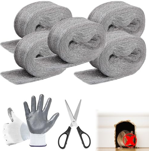 Klfte Steel Wool for Mice Control, 3.2 x12 ft Wool, Gap Filler for Home & Garage, DIY Bundle with Gloves & Scissors - 5 Pack
