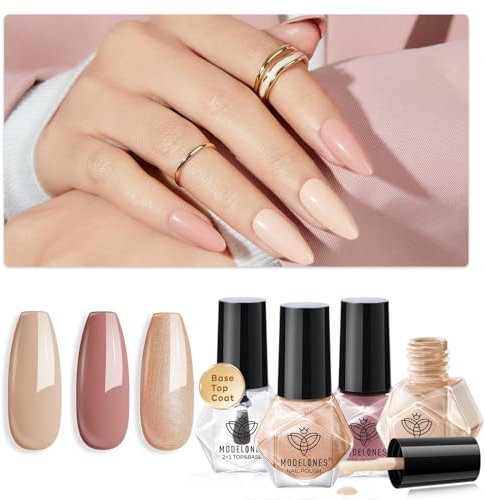 MODELONES Nagellack, 3 Farben Nude Glitter Braun Herbst Nagellack Schnelltrocknend Set mit Base Coat Top Coat und Remover Cotton Neutral Skin Tone für DIY Salon Geschenk für Frauen Mädchen