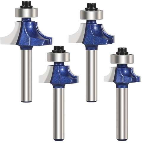 Vearter Juego de 4 brocas de enrutador de redondeo, brocas redondas de esquina de carburo de vástago de 1/4 pulgadas, herramienta de fresado de carpintería para formar bordes redondeados (1/8