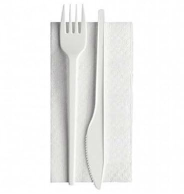 25/50/100/250 BIS DI POSATE IMBUSTATE CON TOVAGLIOLO - monouso - biodeagradabili - SET BIANCO Posate compostabili 100% Naturale (25 PEZZI)