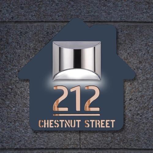 Numéro de maison moderne lumineux à énergie solaire – Plaque d'adresse personnalisée en acrylique avec lumière – Panneaux d'adresse d'extérieur pour cour (maison-gris)