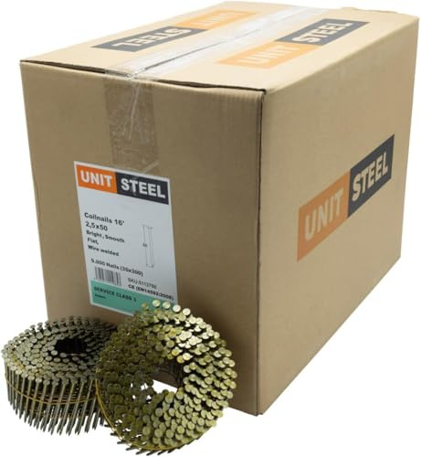 UnitSteel 15° Coilnägel - 2,5X50mm, 9.000 stück, Ringnägel für Druckluft-Nagler, Glatt/Blank, für fast alle Marken von Tackern