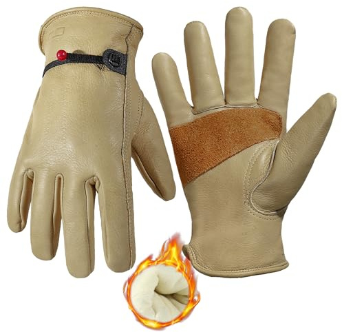 HANDLANDY Winter-Arbeitshandschuhe aus Leder, mit Fleece gefüttert, thermische Gartenhandschuhe, strapazierfähig, dornensicher, Gartenhandschuhe, Kaltarbeiten, Fahrerhandschuhe für Damen und Herren