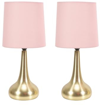 ValueLights | Brushed Gold Teardrop Touch Dimmer Table Lamps with Blush Pink Shade | Home Décor, Bedside & Desk Lamp | Includes Bulb