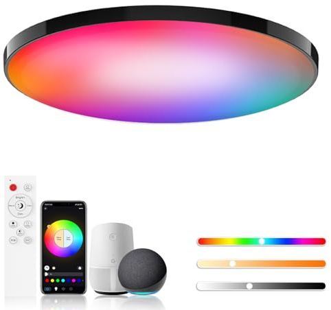Birnetek® Taklampa, LED, 30 W, RGB-taklampa, rund, 2700 K–6500 K, dimbar, kompatibel med Alexa, appkontroll, fjärrkontroll, för sovrum, vardagsrum, svart