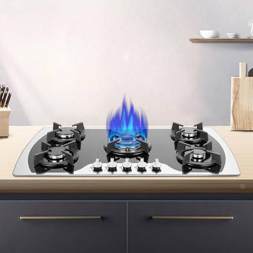 DSYOGX 5 Zonen Gaskochfeld, Kochfelder Glas 90cm - 5 Flammig Gas Kochfeld - Eingebaut/Aufsatzplatte LPG/NG Kochfeld Glas - für Häusliche oder Gewerbliche Kochen