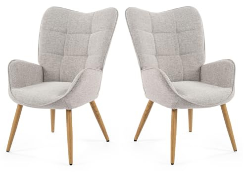 MEUBLE COSY Lot de 2 Fauteuil de Salon Chambre Scandinave Chaise Coiffeuse avec Accoudoirs et Assise Épais Pieds en Métal Effet Bois Rembourré en Tissu Gris