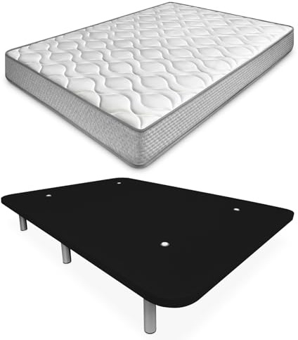 amuéblate Online - Cama Completa con Colchón Carla Reversible + Base Tapizada Extra Reforzada con 6 Patas Cilíndricas Metálicas Roscadas, 90 x 190, Negro