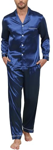TeJoyce Pijama de Hombre de Seda Largo, Ropa de Dormir de Satén de Dos Piezas, Conjunto de Loungewear de Raso de Manga Larga con Botones y Pantalón con Bolsillos, Ropa de Casa Elegante y Cómodo S-XXL
