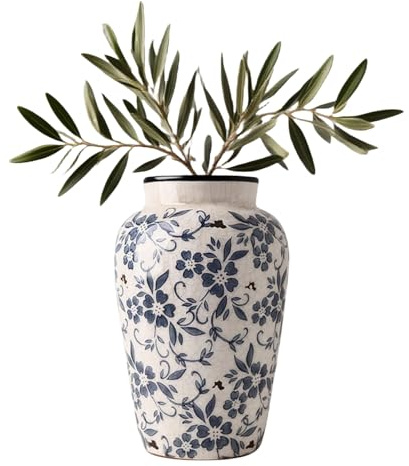 Blau und Weiß Porzellan Vase, Blumenvase Keramik Vintage, Kleine Vasen Deko Rustikal Handgefertigt Asiatische Vasen mit Antike Eisriss-Glasur für Heimdekoration 15,5 x 24,5 cm (L)