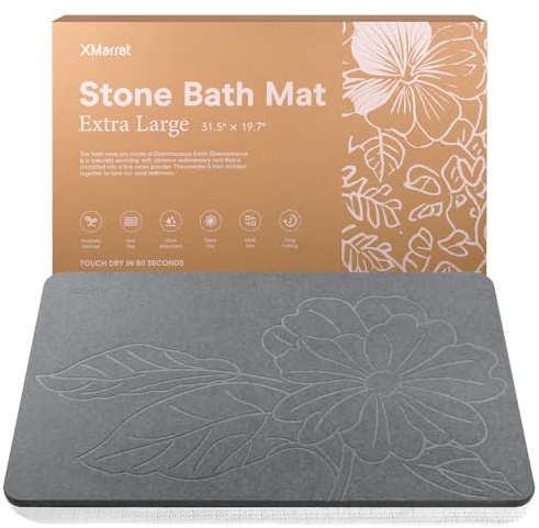 XMarrat Extra Large Stone Bath Mat Large, 31.5'' x 19.7'' Diatomaceous Earth Non-Slip Stone Shower Mat, Super Absorbent Diatomite Stone Mats for Bathroom, Quick Drying, Easy to Clean (Dark Gray)