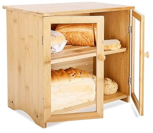 Mixtric Panera Moderna, Panera De Bambú, Contenedor para Guardar Pan, Panera Doble De Bambú con Ventana Transparente, para Encimera,Natural