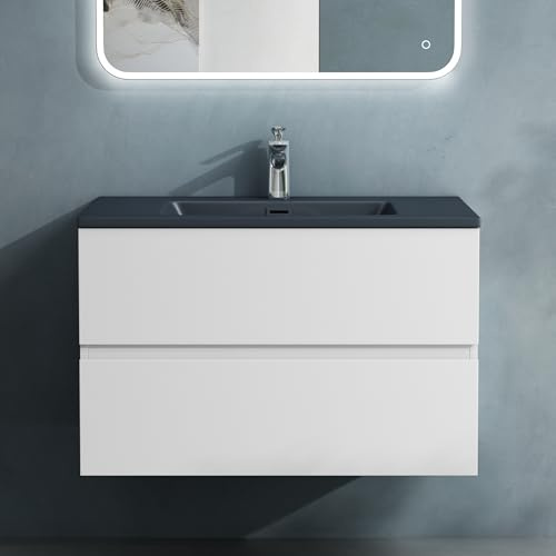 doporro Badmöbel-Set Waschbecken-Unterschrank 80 cm in Matt weiß | Wandhängendes Badmöbel-Set mit Mineralguss-Waschbecken, Soft-Close-Schubladen & E1-Platten – pflegeleicht & stilvoll