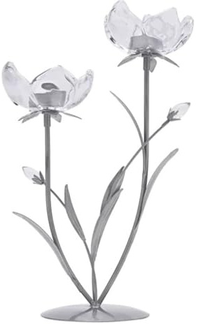 Widdop & Co. Hestia 2 Stem Candle Holder - 36cm Tall Silver Metal Base with Clear Glass Flower Cups - Elegant Floral Design Tealight Holder for Home Décor, Mantel or Table Centrepiece