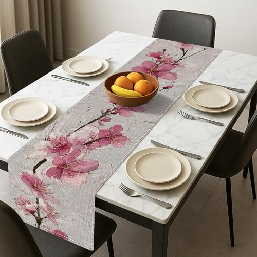 Elegante runner da tavola floreale con fiori di pesco e ciliegie per la decorazione della casa primaverile, perfetto per sala da pranzo e occasioni speciali, 33 x 183 cm