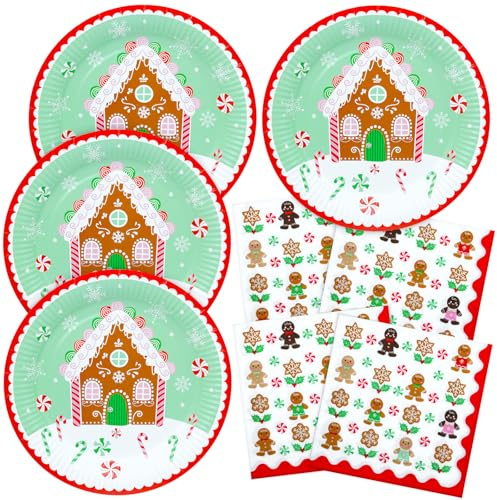 HNH Weihnachten Pappteller Servietten Set 40 Stück Lebkuchenhäuser Party Papierservietten Dessertteller Partygeschirr
