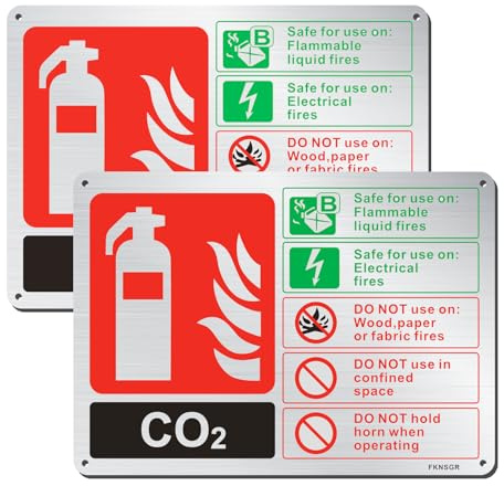 FKNSGR CO2 Fire Extinguisher Sign With Self Adhesive Backing 2 Pack | 25 x 18 cm Rust Free Aluminum Sign 4 Pre Drilled Holes UV Protected Weather Resistant Waterproof Easy to Install