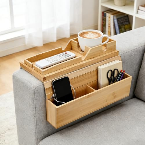 Turmegtt Bamboo Sofa Arm Tray, Foldable Tray with Cup Holder/Phone Holder/Storage Compartments, Slip Foldable Sofa Detachable Couch Arm Table Perfect for Coffee, Drinks, Phone, Remote, Snacks, Books | Foldable Tray with Cup Holder/Phone Holder/Storage Compartments, Perfect for Coffee, Drinks, Phone, Remote, Snacks, Books