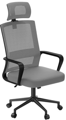 naspaluro Ergonomischer Bürostuhl, Schreibtischstuhl mit Verstellbarer Kopfstütze, Atmungsaktiver Netzbezug, Höhenverstellbar, Computerstuhl, 360° Drehstuhl für das Zuhause und Büro, Dunkelgrau
