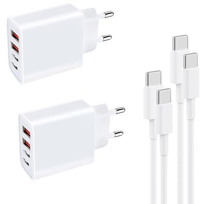 2PACK USB-C-laddare med 1,2 m C-C-kabel, 4-port multiladdare med USB-C och USB-A, 40 W snabbladdning PD nätadapter mobiltelefon USB-adapter för l-Phone 17/16/15/14/14/12/11/XS