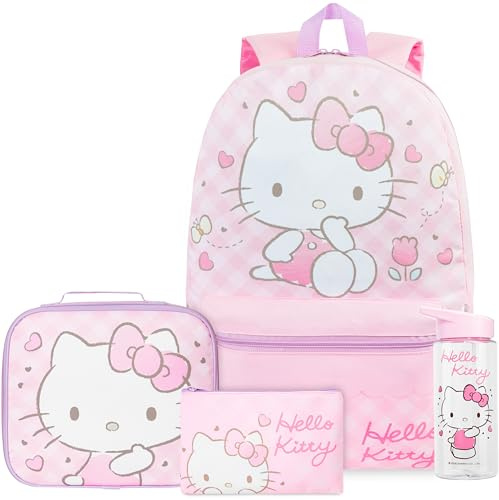 Get Trend Hello Kitty Sanrio Sac a Dos Fille Set, 4Pcs Grand Cartable, Trousse Scolaire, Sac Isotherme Repas et sans BPA Gourde Air Up (Rose Hello Kitty)