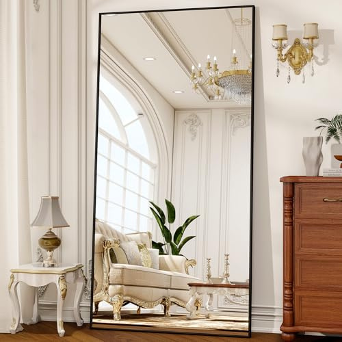 Riskioir 80 x 40 Oversized Full Length Mirror with Stand, Standing/Leaning/Wall Mounted Large Full Body Floor Mirror for Bedroom, Living Room, Entryway, Cloakroom with Aluminum Alloy Frame Black