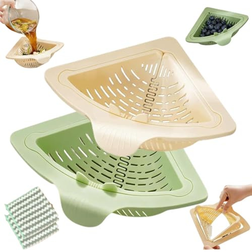 Magnetic Drain Filter Basket, Triangular Draining Basket, Easy-To-Install, No-Drilling Required Triangular Sink Filter with A Rotating Open Bottom for Collecting Food Scraps (Green*1+White*1)