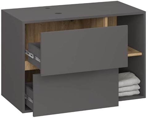 BDW - Mobile Lavabo Sospeso - Mobiletto del Lavabo con Cassetti in Legno Laminato, 90(L) x60(A) x45,5(P) cm, Colore del Frontale: Grigio grafite/Interni:Rovere artigianale, Vami