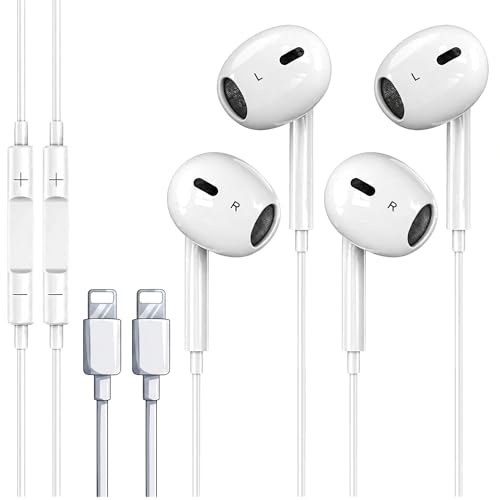 2 Pack Light-ning Wired Earphones, MFi-Certified Light-ning-i-Phone Headphones Wired with Microphone & Volume Control, HiFi Stereo Wired Headphones Compatible with iPhone 14 13 12 11 XR XS 8 7 SE