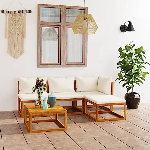 PTUGUOF 5-TLG. Garten Lounge Set mit Auflagen Creme Massivholz Akazie, modulares Lounge-Set mit Couchtisch im Lattenrost-Design, abnehmbare Sitz- und Rückenpolster, für Garten und Terrasse