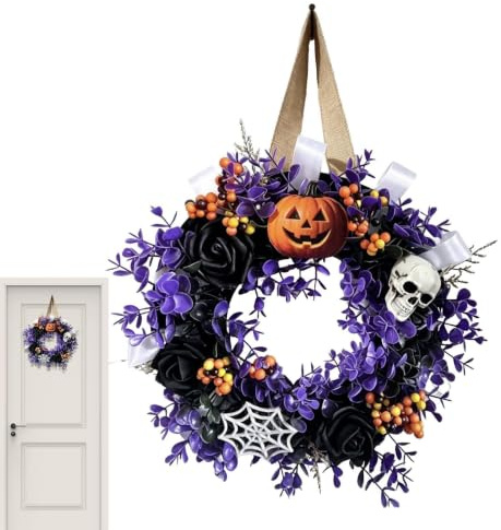 Halloweenkrans För Entrédörren 35 cm Girlang med dödskallar och pumpor | festlig verandakrans för Inomhus och Utomhus, Vardagsrummet, Fönster, Vägg, Öppen Spis, Entré, samt