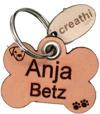 Anhänger Knochen ca. 3,5x2,5cm EchtesLeder natur Hundemarke Katzenmarke | Wunschtext, personalisierbar: z.B. Name, Tel, Adresse, Hinweise, auch a.d. Rückseite, geräuscharm