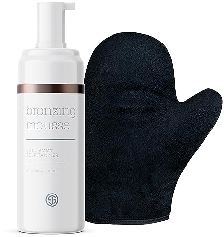 SJOLIE Self Tanner - Express Sunless Tanning Mousse + Mitt Applicator | Medium Dark Color, Streak-Free, Vegan, No Parabens